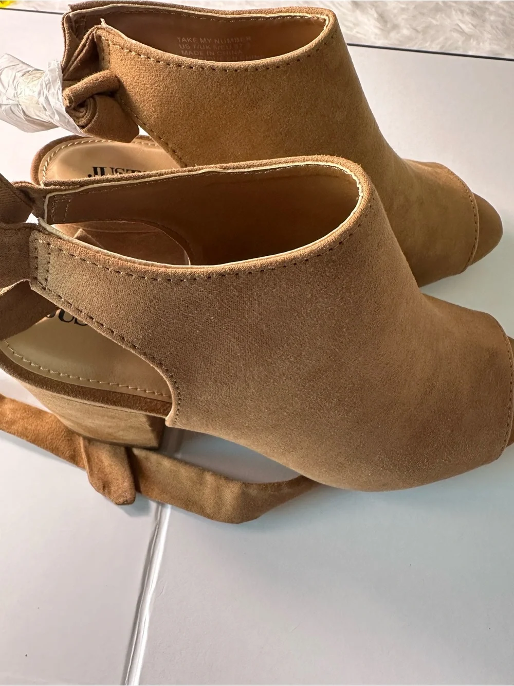 JustFab Tan Suede Peep-Toe Ankle Tie Mules - Picture 10 of 12